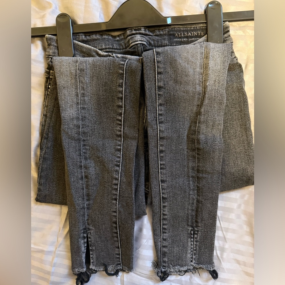 AllSaints Women’s Grey Distressed Denim with small ankle slits